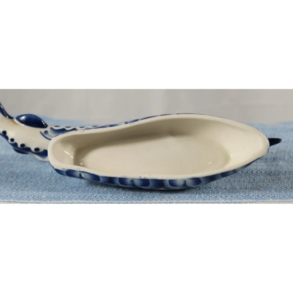Gzhel Caviar Dish Sturgeon Fish Shape Handmade Blue/White 7
